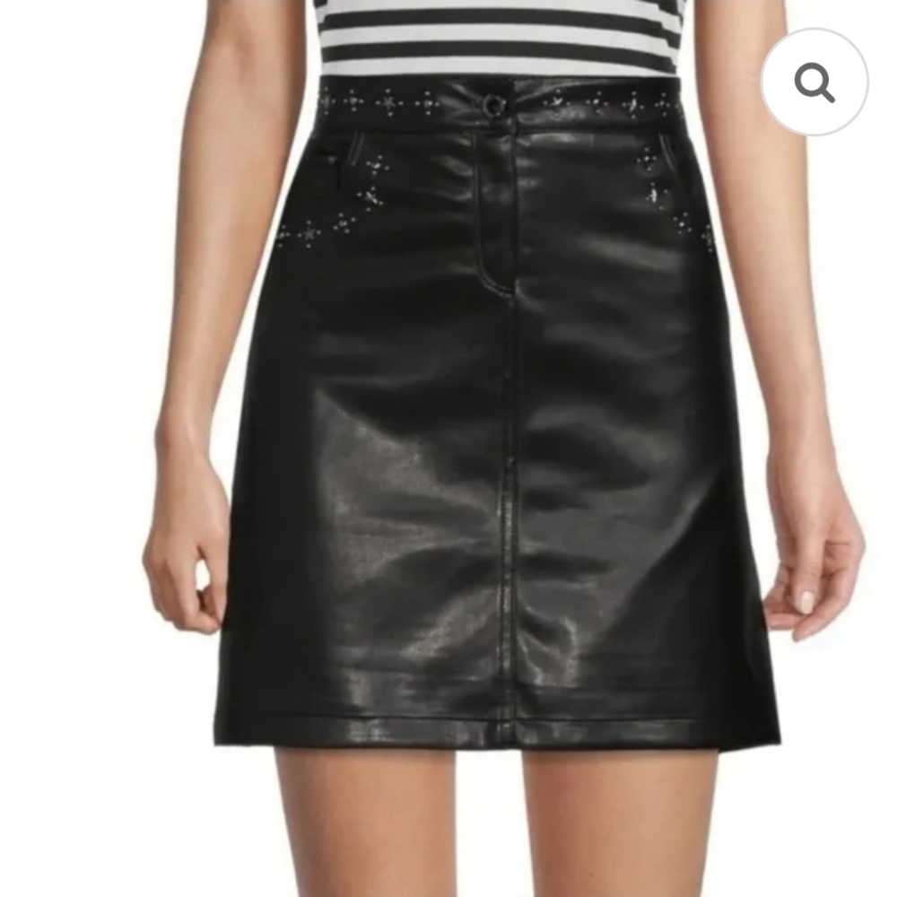 KARL LAGERFELD PARIS Embellished Faux Leather Black Skirt Size 2 NEW